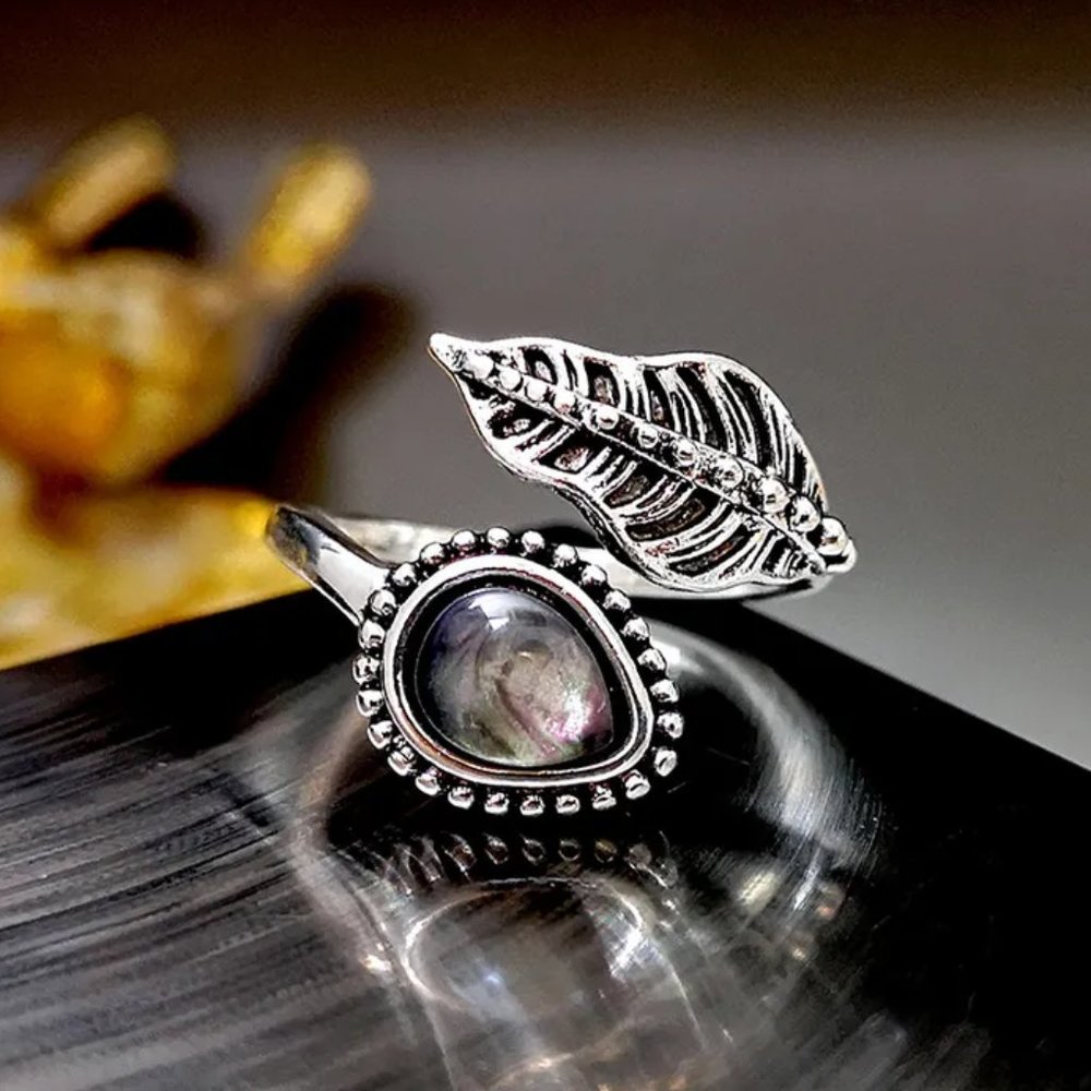 Bohemian Antique Silver & Moonstone Gemstone Leaf Adjustable Ring NEW